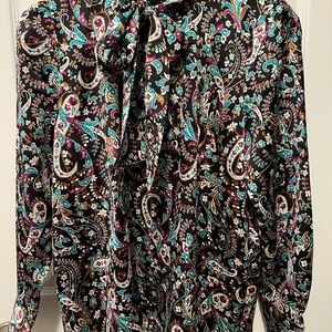 Ann Taylor Black and Green Paisley Tie Front Blouse